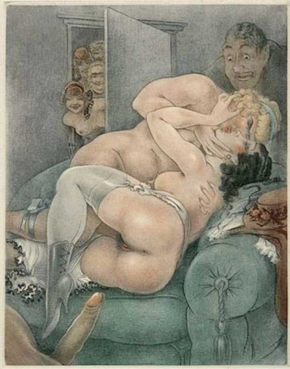 cartoon erotica - Various kinds of a threesome sex are shown in vintage erotic cartoons.